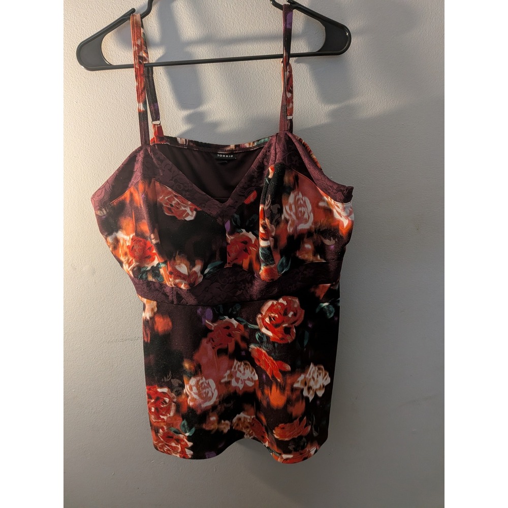 Torrid Womens Floral Lace Trim Cami Top Size 3 Purple Red Orange Rose Sleeveless